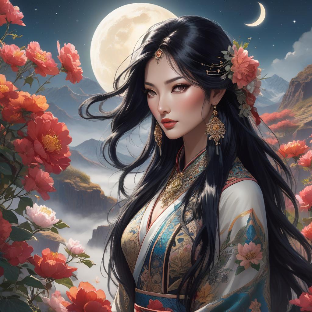  concept art a woman with long black hair and flowers, art station trends, tibet, themed on the stars and moon, stylized portrait h 640, beautiful comic art, amazing shading, by Siona Shimshi, full makeup, beautiful plans, suki, empres . digital artwork, illustrative, painterly, matte painting, highly detailed hyperrealistic, full body, detailed clothing, highly detailed, cinematic lighting, stunningly beautiful, intricate, sharp focus, f/1. 8, 85mm, (centered image composition), (professionally color graded), ((bright soft diffused light)), volumetric fog, trending on instagram, trending on tumblr, HDR 4K, 8K