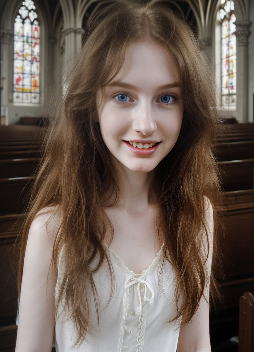 cute , young, , long messy hair, pale skin, perfect complexion, (masterpiece, best quality, highres, high resolution:1.2), extremely detailed, realistic, intricate details, 1, solo, messy hair, long hair, small s, inside a church, dewy skin, sweet smile, closed lips, blue eyes, full body shot