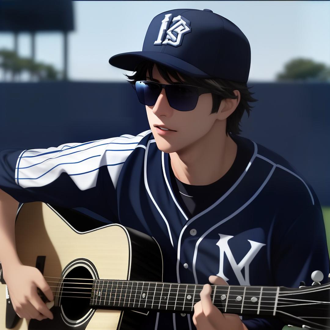  A 17-year old male baseball pitcher with short dark blue hair, gray eyes, and sunglasses wearing a navy blue and white pinstripe baseball uniform with a hat and cleats playing an acoustic guitar near an oceanside baseball field., ((best quality)), ((masterpiece)), highly detailed, absurdres, HDR 4K, 8K