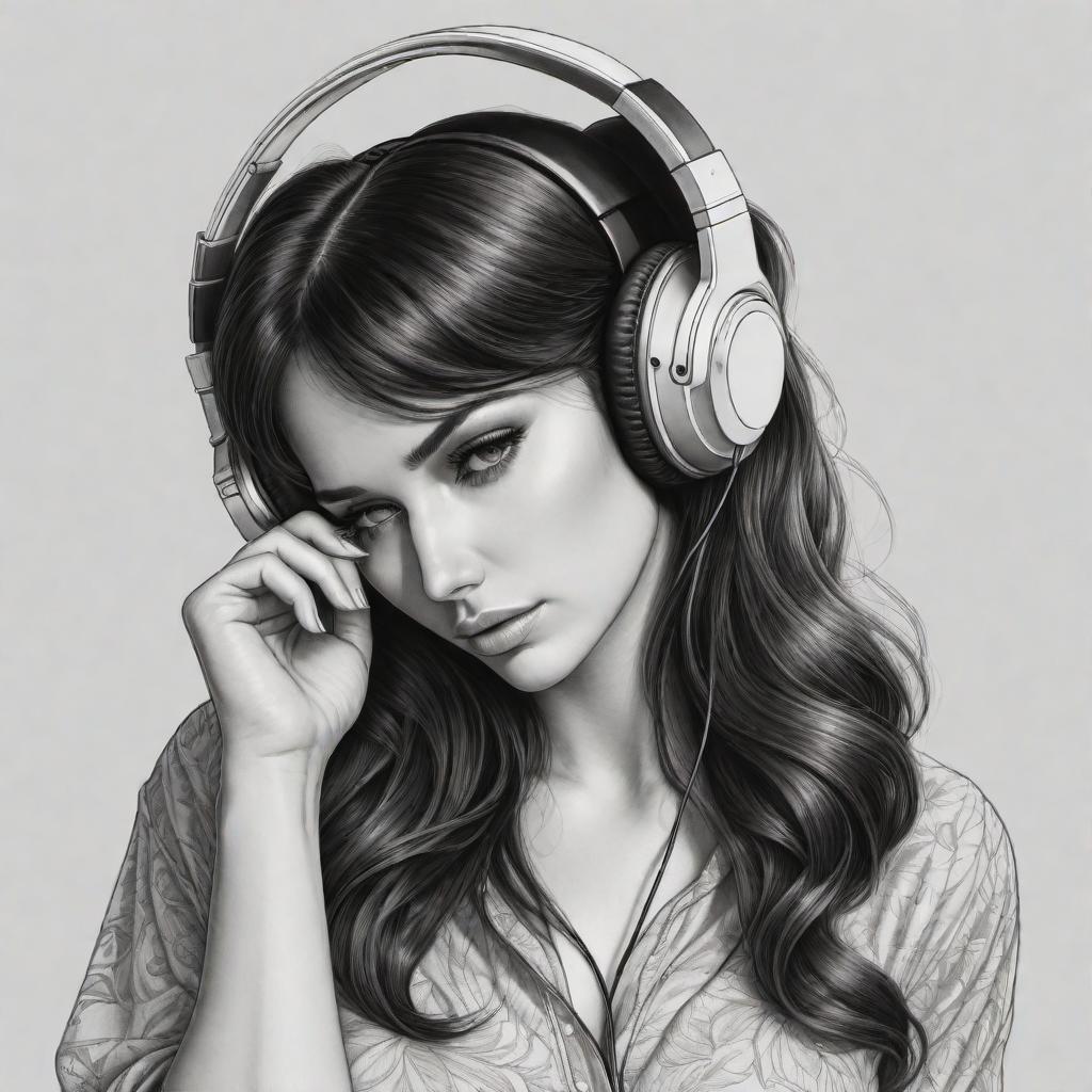  A hand-drawn sketch of a beautiful girl with dark hair wearing headphones, looking sad. She is looking down and fiddling with her fingers. The drawing should have a realistic sketch style, with intricate details and a white background, similar to the provided image. hyperrealistic, full body, detailed clothing, highly detailed, cinematic lighting, stunningly beautiful, intricate, sharp focus, f/1. 8, 85mm, (centered image composition), (professionally color graded), ((bright soft diffused light)), volumetric fog, trending on instagram, trending on tumblr, HDR 4K, 8K