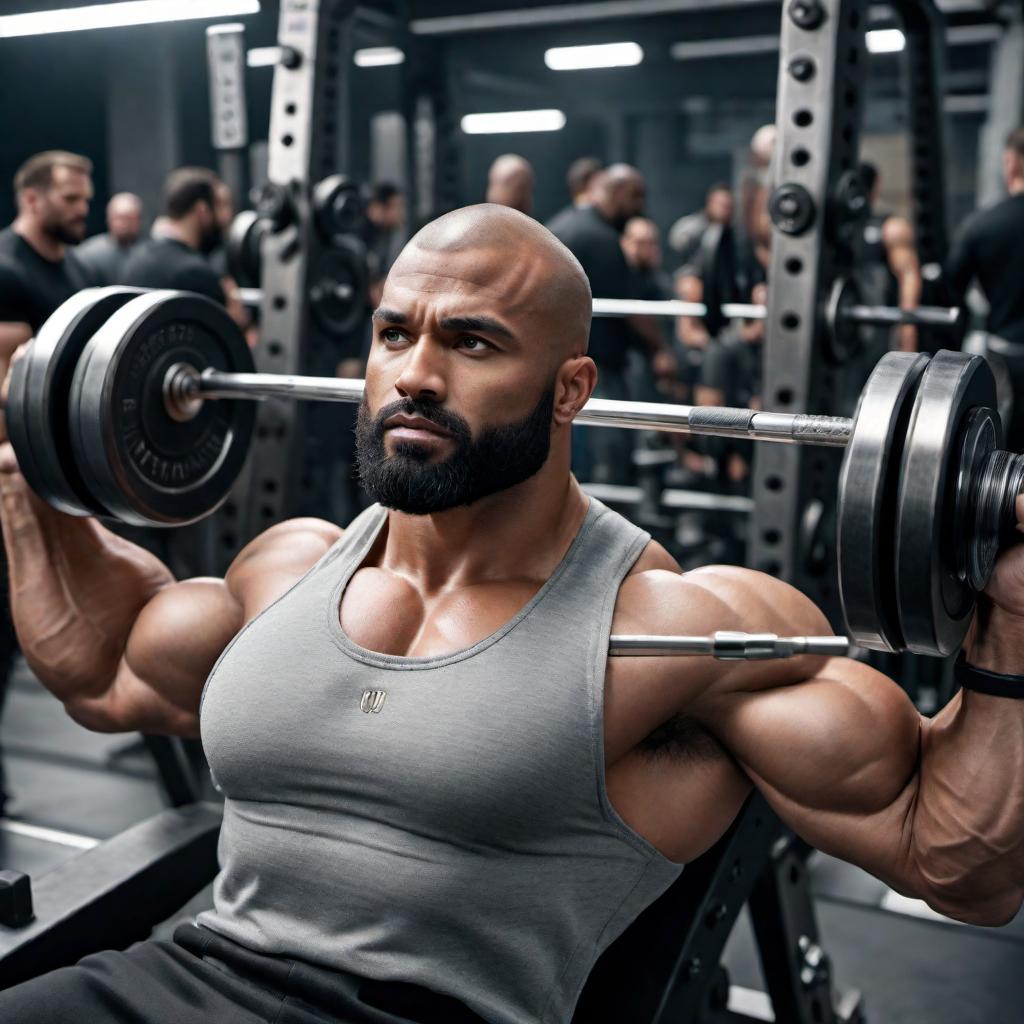  A baby benching 315 pounds on a bench press hyperrealistic, full body, detailed clothing, highly detailed, cinematic lighting, stunningly beautiful, intricate, sharp focus, f/1. 8, 85mm, (centered image composition), (professionally color graded), ((bright soft diffused light)), volumetric fog, trending on instagram, trending on tumblr, HDR 4K, 8K