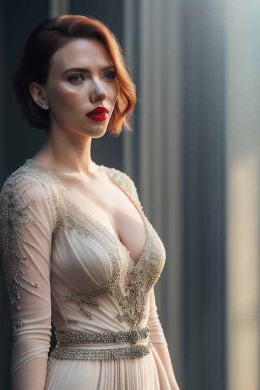  Ultra realistic picture, full lenght picture, Scarlett Johansson, amazing , beautiful , dark make up, pale skin, beautiful face, smile, short haircut, ultra short dress, deep age, ful, carmin red lips, medium s, on, slip, , 4 ful ladies background, 4 dressed ladies, noon Summer sun, soft light hyperrealistic, full body, detailed clothing, highly detailed, cinematic lighting, stunningly beautiful, intricate, sharp focus, f/1. 8, 85mm, (centered image composition), (professionally color graded), ((bright soft diffused light)), volumetric fog, trending on instagram, trending on tumblr, HDR 4K, 8K