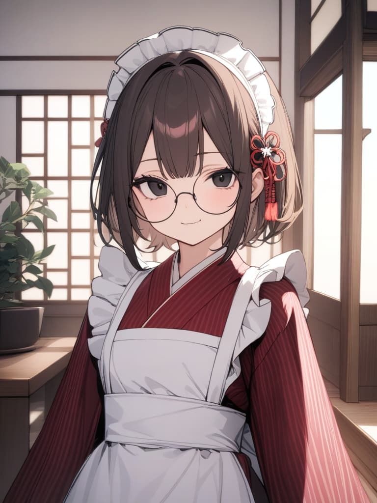  ultra detailed:1.2,masterpiece:1.2,best quality,masterpiece,bestquality,hdr:1.1,8k:1.1,very cute girl:1.3,(wine red color kimono,vertical striped kimono:1.3),(gles,small round eyewear:1.4),(dark brown hair:1.3),(black eye:1.4),(maid headdress:1.5),(white apron:1.4),upper body:1.3,face focus:1.4,old Japanese room:1.5,(open mouth,fang:1.1),(light smile:1.3),(short hair,forehead:1.2),hair pin:1.3,(highlights eyes:1.3), masterpiece, best quality,8k,ultra detailed,high resolution,an extremely delicate and beautiful,hyper detail