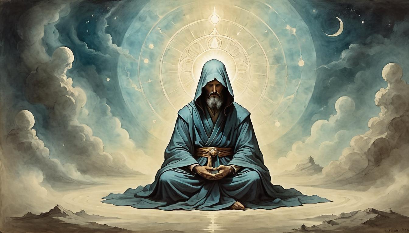  on parchment, surrealism+++, A robed figure seated in meditation, surrounded by an aura of light, eyes closed, immersed in deep contemplation, stillness, inner peace(mysterious, provocative, symbolic,muted color)+++