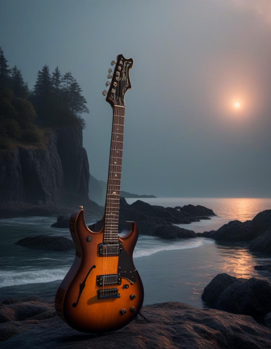  horror themed ual gothic , big , electric guitar, sea in the background . eerie, unsettling, dark, spooky, suspenseful, grim, highly detailed hyperrealistic, full body, detailed clothing, highly detailed, cinematic lighting, stunningly beautiful, intricate, sharp focus, f/1. 8, 85mm, (centered image composition), (professionally color graded), ((bright soft diffused light)), volumetric fog, trending on instagram, trending on tumblr, HDR 4K, 8K