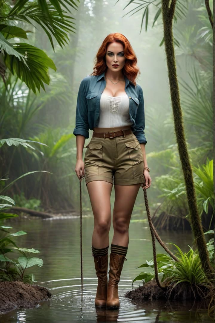  a 1920’s era young female,auburn haired,jungle explorer , wearing her khaki shorts and shirt with khaki knee socks , grabs onto a rope while waist deep in a swamp hyperrealistic, full body, detailed clothing, highly detailed, cinematic lighting, stunningly beautiful, intricate, sharp focus, f/1. 8, 85mm, (centered image composition), (professionally color graded), ((bright soft diffused light)), volumetric fog, trending on instagram, trending on tumblr, HDR 4K, 8K