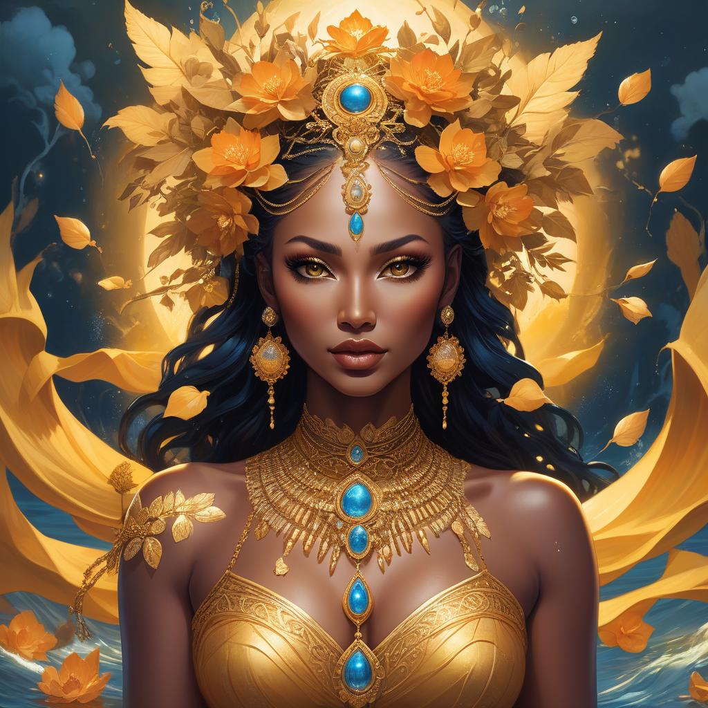  concept art A fantasy portrait of a woman adorned with golden floral ornaments, surrounded by a mystical, luminous landscape with water elements. An insanely hyperdetailed whimsical fantasical painting of the Goddess Oshun, the Yoruba goddess of love, fertility, and rivers. She is typically depicted as a beautiful woman adorned with gold and surrounded by flowing water. Genres: Fantasy, Mythology. Styles: Whimsical, Surreal. Techniques: Hyperrealism, Digital Painting. Lights: Warm and Radiant. Colors: Golden yellows, bright oranges, warm browns, and deep blues. Descriptive terms: Lush, Opulent, Serene, Mystical, and Nurturing. This masterpiece digital artwork would be best painted by artists such as Tara McPherson, Audrey Kawasaki, Nicolett hyperrealistic, full body, detailed clothing, highly detailed, cinematic lighting, stunningly beautiful, intricate, sharp focus, f/1. 8, 85mm, (centered image composition), (professionally color graded), ((bright soft diffused light)), volumetric fog, trending on instagram, trending on tumblr, HDR 4K, 8K