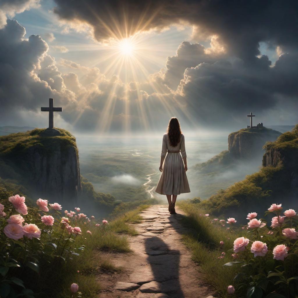  A visual representation of a girl born in a world of shadows, feeling lost and broken yet holding onto her faith in Jesus. She walks a challenging path, symbolized by a road fraught with obstacles, but in the distance, rays of divine light break through the clouds, symbolizing hope and God's presence. The background should depict a harsh, shadowy environment with a few elements of serene beauty like flowers and light. The girl should look hopeful and resilient, with her eyes lifted towards the sky where a subtle image of Jesus or divine light is present, showing her unwavering faith and connection to God. hyperrealistic, full body, detailed clothing, highly detailed, cinematic lighting, stunningly beautiful, intricate, sharp focus, f/1. 8, 85mm, (centered image composition), (professionally color graded), ((bright soft diffused light)), volumetric fog, trending on instagram, trending on tumblr, HDR 4K, 8K