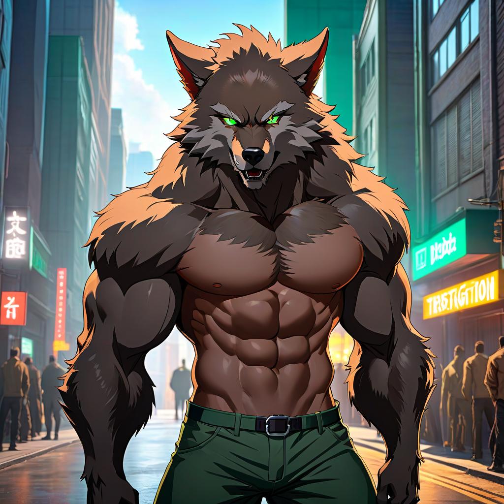  anime artwork werewolf man, green eyes, human face, bipedal humanoid, anime, brown gray fur and hair, urban background . anime style, key visual, vibrant, studio anime, highly detailed hyperrealistic, full body, detailed clothing, highly detailed, cinematic lighting, stunningly beautiful, intricate, sharp focus, f/1. 8, 85mm, (centered image composition), (professionally color graded), ((bright soft diffused light)), volumetric fog, trending on instagram, trending on tumblr, HDR 4K, 8K