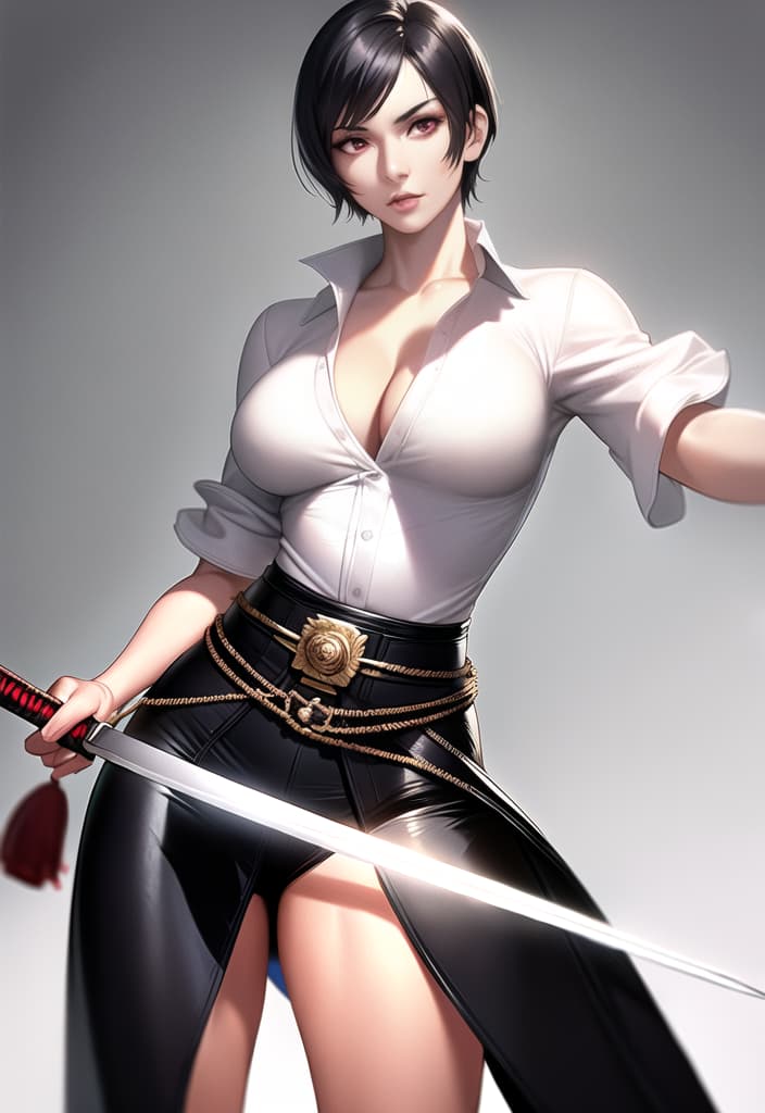  black hair, very short hair, woman, older sister, mature, white dress shirt, red corset, black leather pants, long Japanese sword, muscular, accurate eyes, accurate hands, Japanese armor on shoulders and arms,cowboy shot, (Masterpiece, BestQuality:1.3), (ultra detailed:1.2), (hyperrealistic:1.3), (RAW photo:1.2),High detail RAW color photo, professional photograph, (Photorealistic:1.4), (realistic:1.4), ,professional lighting, (japanese), beautiful face, (realistic face)