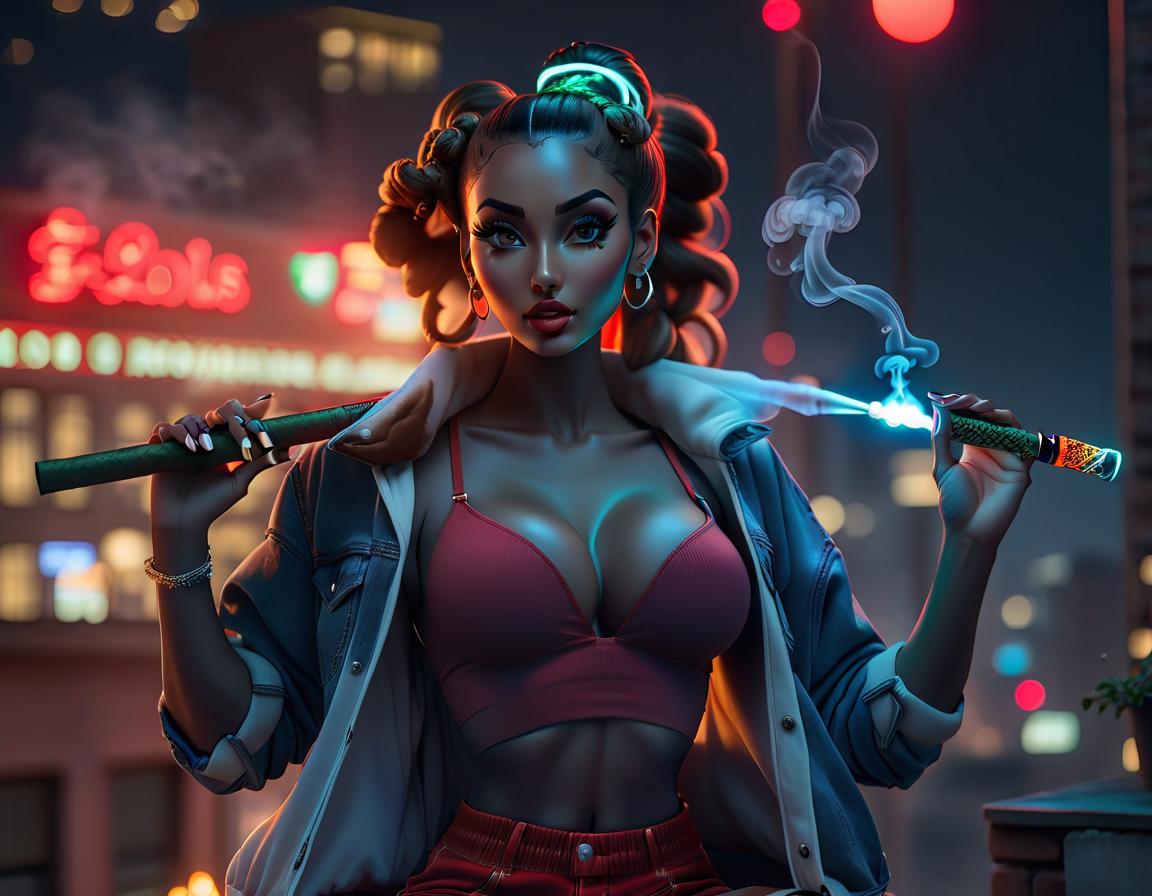  A sits on a roof in front of a nighttime cityscape, her hair is dark and in a bun, she wears denim shorts and white sneakers, her face is partially turned, smoking a hookah. hyperrealistic, full body, detailed clothing, highly detailed, cinematic lighting, stunningly beautiful, intricate, sharp focus, f/1. 8, 85mm, (centered image composition), (professionally color graded), ((bright soft diffused light)), volumetric fog, trending on instagram, trending on tumblr, HDR 4K, 8K