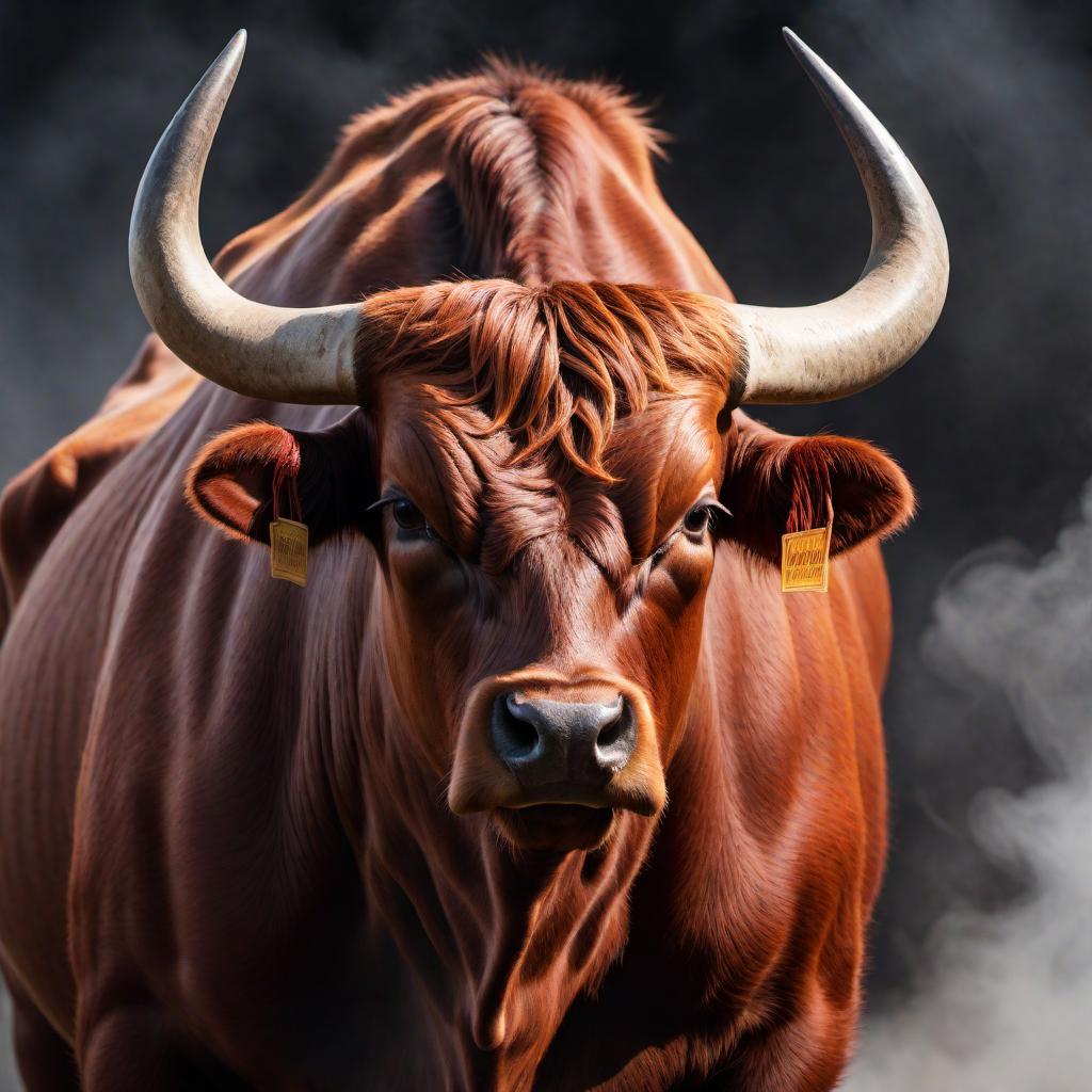  A logo featuring a menacing Longhorn Bull's head for a beef jerky business. The bull has a muscular build, especially around the rear and hindquarters, with a lowered head in an attacking or defending stance. The bull has long, wide horns, and smoke is snorting from its nostrils. The eyes are red, giving a mad, spicy, and aggressive look. The color scheme includes burnt orange, gray, black, and off-white, set against a rugged, rustic background. Include a banner that reads 'Longhorn Beef Jerky Co.' in a bold, rustic font that complements the toughness of the bull. The logo should capture the essence of strength, tradition, and fierceness, with shadows, highlights, and textures to enhance the muscular look and overall visual impact. hyperrealistic, full body, detailed clothing, highly detailed, cinematic lighting, stunningly beautiful, intricate, sharp focus, f/1. 8, 85mm, (centered image composition), (professionally color graded), ((bright soft diffused light)), volumetric fog, trending on instagram, trending on tumblr, HDR 4K, 8K