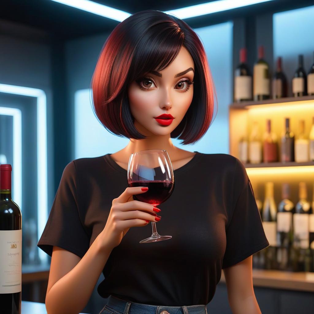  A girl with dark hair, a bob haircut, wearing a black top and jeans shorts, is drinking red wine from a glass straight on, with fluorescent lighting. Wine glass visible. hyperrealistic, full body, detailed clothing, highly detailed, cinematic lighting, stunningly beautiful, intricate, sharp focus, f/1. 8, 85mm, (centered image composition), (professionally color graded), ((bright soft diffused light)), volumetric fog, trending on instagram, trending on tumblr, HDR 4K, 8K