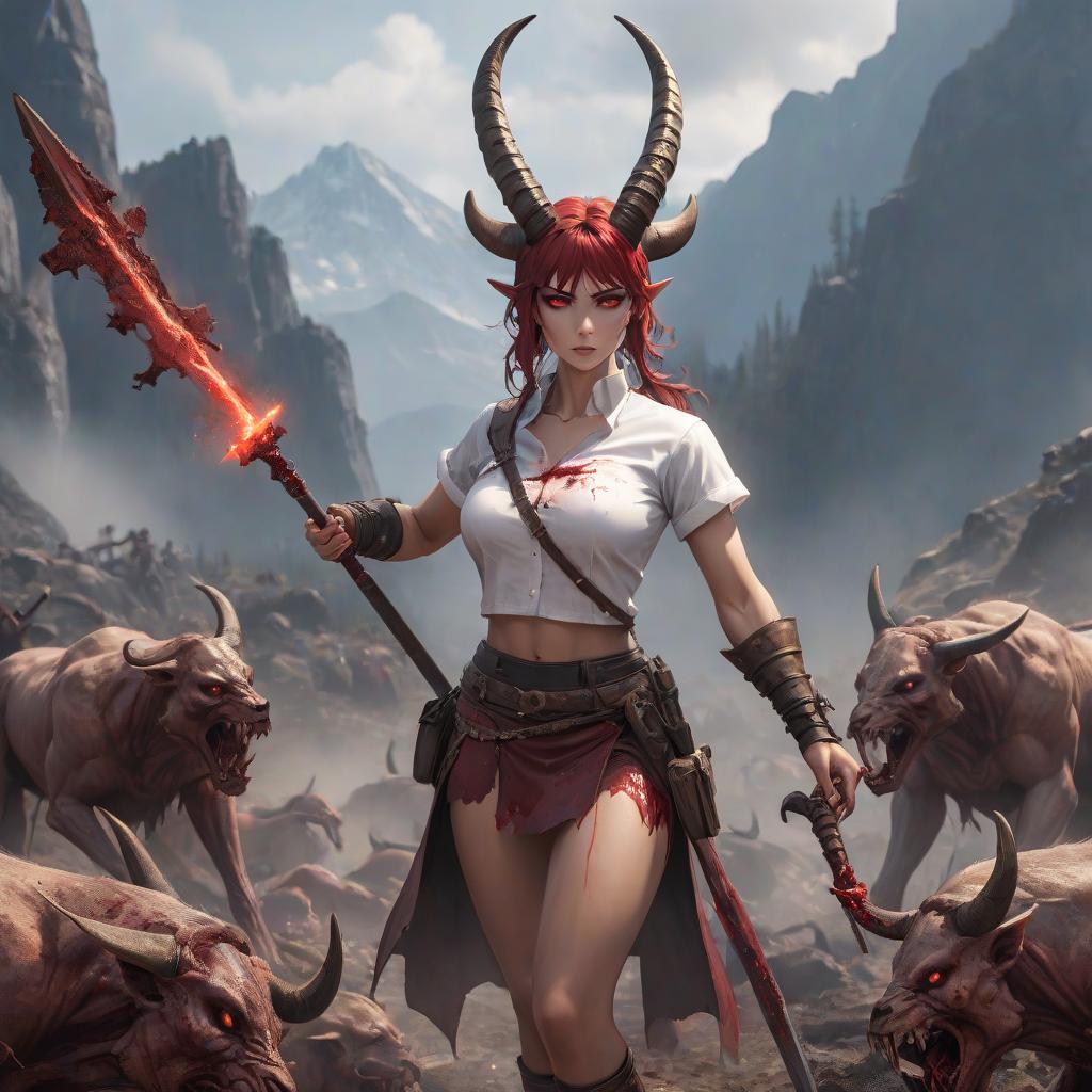  Full length picture. Warrior with demonic horns on her forehead and golden eyes. She is thin and veiny, her hips are and muscular, her s are small. She is dressed in a white men's shirt with rolled up sleeves, plate greaves and in her hands mace covered in blood. She stands on a mountain of corpses of defeated enemies and laughs. hyperrealistic, full body, detailed clothing, highly detailed, cinematic lighting, stunningly beautiful, intricate, sharp focus, f/1. 8, 85mm, (centered image composition), (professionally color graded), ((bright soft diffused light)), volumetric fog, trending on instagram, trending on tumblr, HDR 4K, 8K