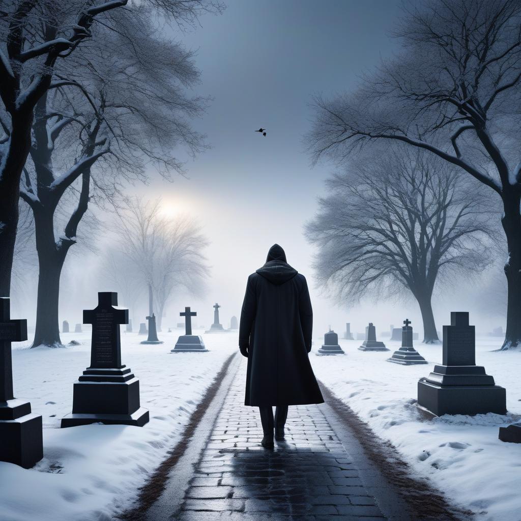  Black and white image, late evening, light snow, far away on the horizon trees are covered with snowflakes, on the sides in the distance monuments of graves are barely visible, without crosses, two crows fly in the sky, one man of about thirty, 1.75m tall in a hooded coat walking along the path view from the back hyperrealistic, full body, detailed clothing, highly detailed, cinematic lighting, stunningly beautiful, intricate, sharp focus, f/1. 8, 85mm, (centered image composition), (professionally color graded), ((bright soft diffused light)), volumetric fog, trending on instagram, trending on tumblr, HDR 4K, 8K