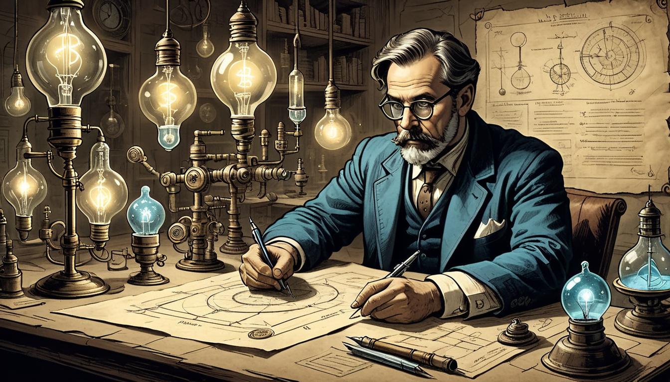  on parchment, surrealism+++, A scientist in a dim laboratory, surrounded by blueprints and strange devices, an expression of intense focus, light bulbs glowing faintly, sense of innovation, revelation(mysterious, provocative, symbolic,muted color)+++