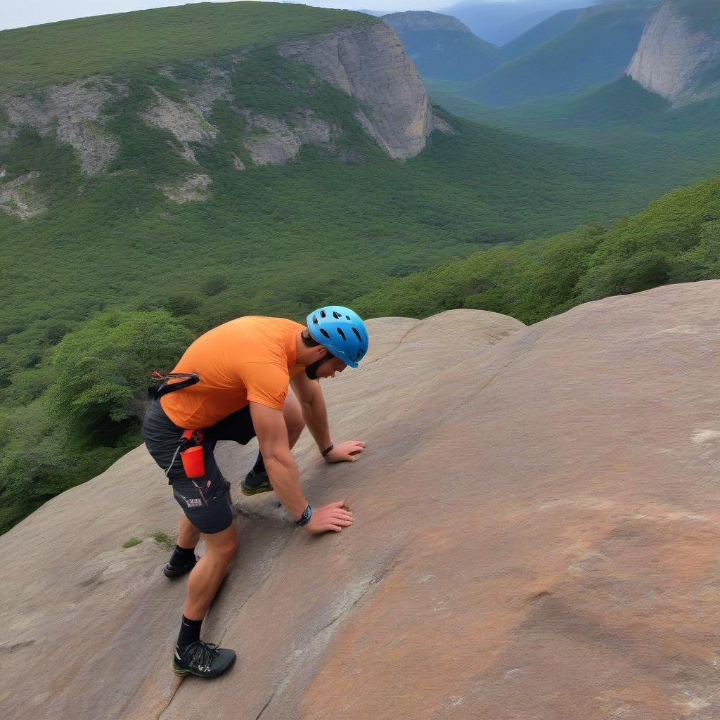  The image of climbers, which slowly but persistently climbs up the rock.In the picture you can show how climbing overcomes difficulties, his face tense and sweaty