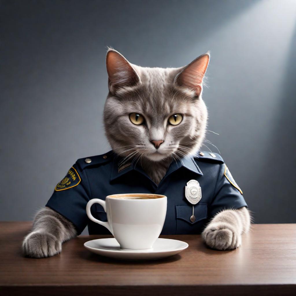  A funny meme with a cat in a police uniform sitting at a table, holding a gun and a coffee mug. The text at the top says 'I HAVEN'T HAD MY COFFEE YET' and at the bottom 'DON'T PURRR-SUE ME'. It plays on the phrase 'don't pursue me' with a humorous twist, replacing 'pursue' with 'purr-sue', referencing the sound that cats make. hyperrealistic, full body, detailed clothing, highly detailed, cinematic lighting, stunningly beautiful, intricate, sharp focus, f/1. 8, 85mm, (centered image composition), (professionally color graded), ((bright soft diffused light)), volumetric fog, trending on instagram, trending on tumblr, HDR 4K, 8K