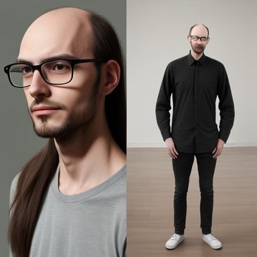  Long thin balding hair, glasses, skinny, hunch back