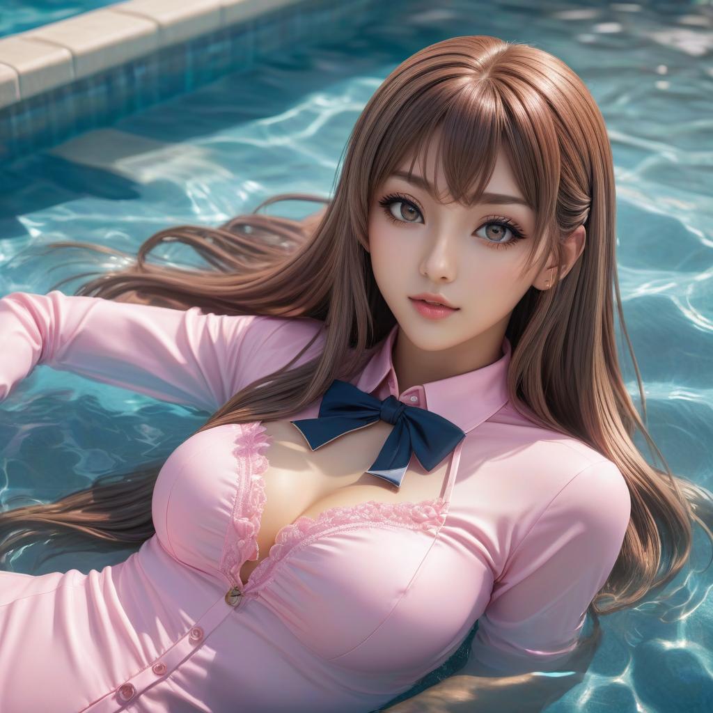  anime artwork A young with long hair is lying in the pool, wearing a pink , her s are visible. . anime style, key visual, vint, studio anime, highly detailed hyperrealistic, full body, detailed clothing, highly detailed, cinematic lighting, stunningly beautiful, intricate, sharp focus, f/1. 8, 85mm, (centered image composition), (professionally color graded), ((bright soft diffused light)), volumetric fog, trending on instagram, trending on tumblr, HDR 4K, 8K