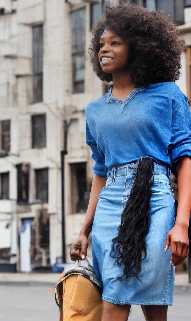  African American walking down the street looking at the camera from the front with long brown hair wearing a blue miniskirt with black heels