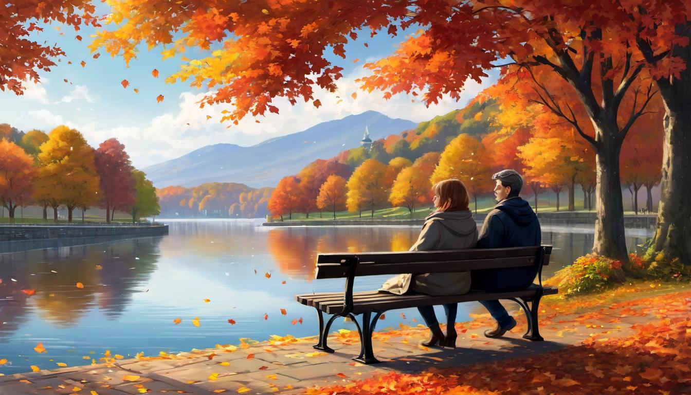  digital illustration, 1man, 1woman, sitting on a park bench, leaning towards each other, vivid autumn leaves scattered around, lake in the background, both dressed warmly, deep conversation, comfortable silence, enduring connection, genuine companionship, looking at viewer, dynamic pose, (intricate details, masterpiece, best quality)