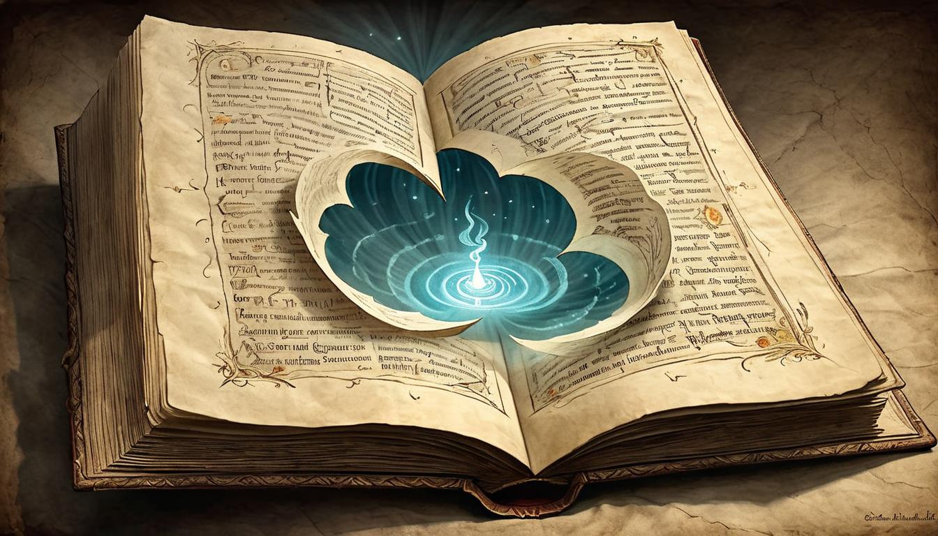  on parchment, surrealism+++, An open book with illuminated text, glowing softly, pages mid turn, sacred light, inviting, enlightening(mysterious, provocative, symbolic,muted color)+++