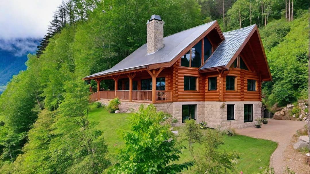  Luxurious log cabin built on a hillside, zoomed out to see the full home, sharp and crisp image, bright sunny day