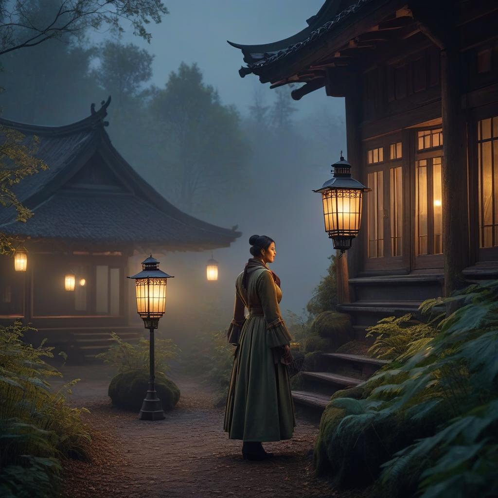  lanterns in the bank, night, forest, house hyperrealistic, full body, detailed clothing, highly detailed, cinematic lighting, stunningly beautiful, intricate, sharp focus, f/1. 8, 85mm, (centered image composition), (professionally color graded), ((bright soft diffused light)), volumetric fog, trending on instagram, trending on tumblr, HDR 4K, 8K