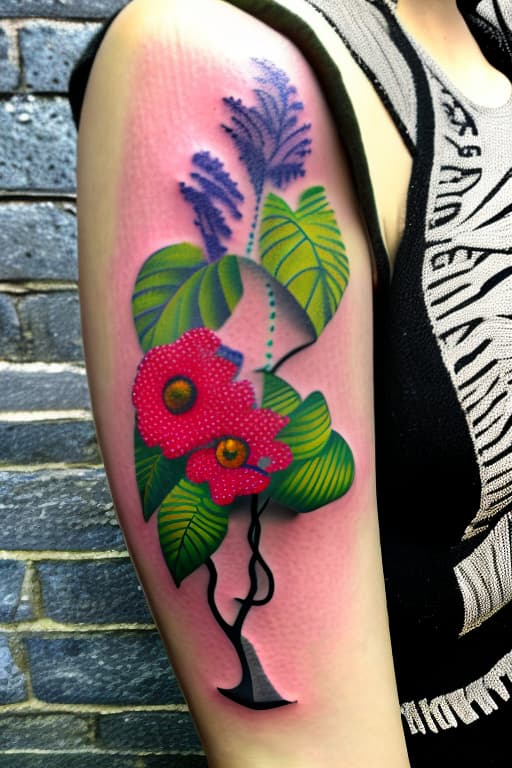 wa-vy style Arm tattoo of Various bright flowers growing along a vine