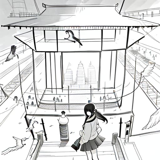  A girl is standing in the zoo, and in front of her is a huge cage where parrots are flying., Pencil drawing, Black and White, B&W, Low detail, sketch, concept art, Manga style, Anime style, line art, webtoon, manhua, chalk, hand drawn, defined lines, simple shades, simplistic, manga page, minimalistic hyperrealistic, full body, detailed clothing, highly detailed, cinematic lighting, stunningly beautiful, intricate, sharp focus, f/1. 8, 85mm, (centered image composition), (professionally color graded), ((bright soft diffused light)), volumetric fog, trending on instagram, trending on tumblr, HDR 4K, 8K