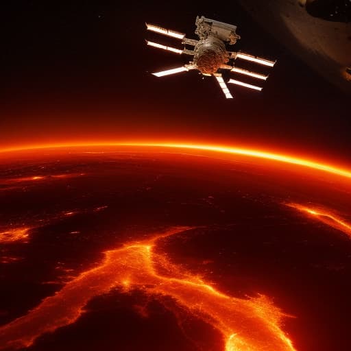  Cinematic, breathtaking photograph of a far away space station, covered in flames, burnt debris seen, outer space background wide body