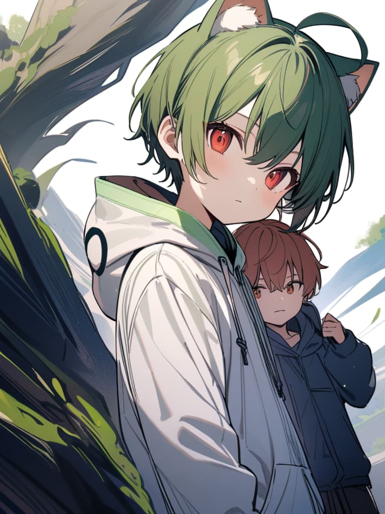  Two heads, cool, one, hair, short fluffy short hair, boys, very short hair, cute boy, Shota, children of children, big cat ears, yellow green hair, boyish White background with red eyes, wearing large ahoge, hoodies, masterpiece, best quality,8k,ultra detailed,high resolution,an extremely delicate and beautiful,hyper detail