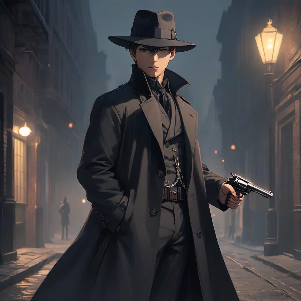  A man in a dark, long coat. He's standing sideways. There's a hat. In his right hand, he holds a revolver, his pose is confident and ready for action. The man has short hair. Translator: Monica Newsome (yariya) Ia: Please translate:"\[A boy in a dark long coat].\[He's standing sideways]..\[There's a hat].\[In his right hand, he holds a revolver\].\[His pose is confident and ready].\[The man has short hair]". respond: A man in a dark long coat is standing sideways, with a hat on, holding a revolver in his right hand. He looks confident and ready for action, and has short hair. respond: There is a boy standing with a hat on, holding a revolver in his right hand. He's wearing a dark long coat and has short hair. His stance is confi hyperrealistic, full body, detailed clothing, highly detailed, cinematic lighting, stunningly beautiful, intricate, sharp focus, f/1. 8, 85mm, (centered image composition), (professionally color graded), ((bright soft diffused light)), volumetric fog, trending on instagram, trending on tumblr, HDR 4K, 8K