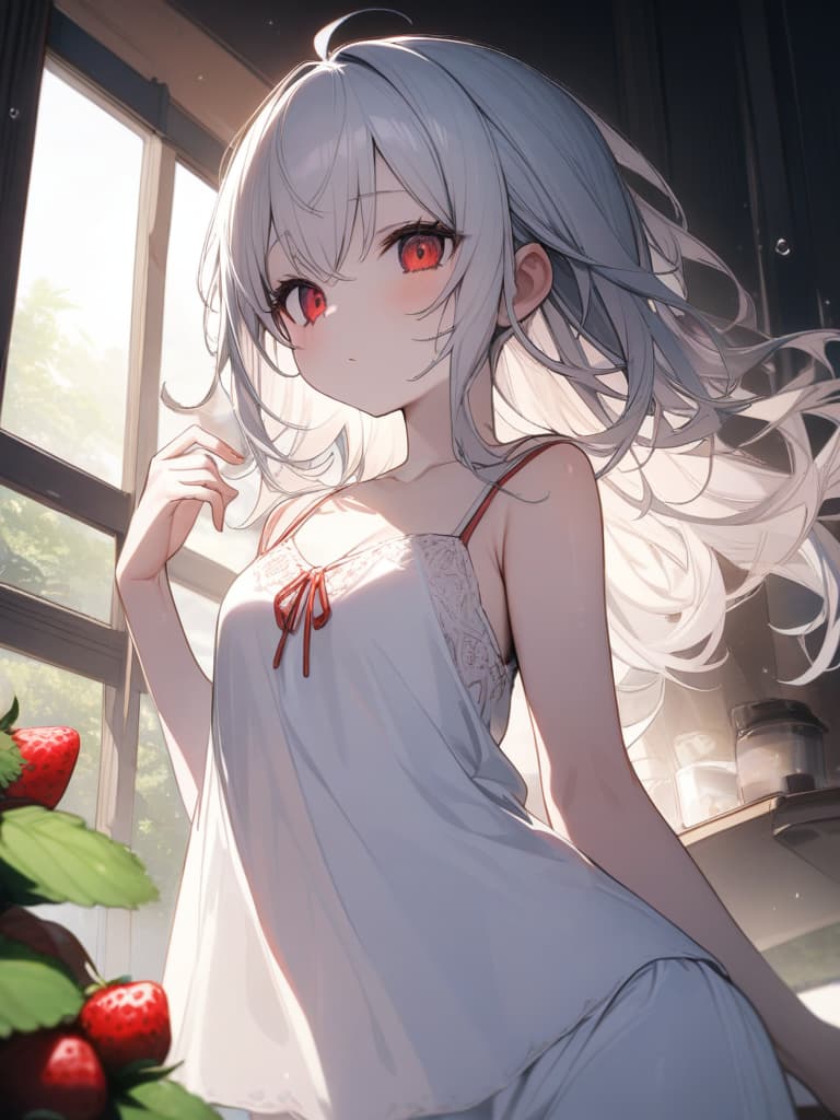  Cute, , white skin, fluffy hair, fruits, white hair, red eyes, young face, long hair, thin eyes, thin body, strawberry, big eyes, , camisole, masterpiece, best quality,8k,ultra detailed,high resolution,an extremely delicate and beautiful,hyper detail