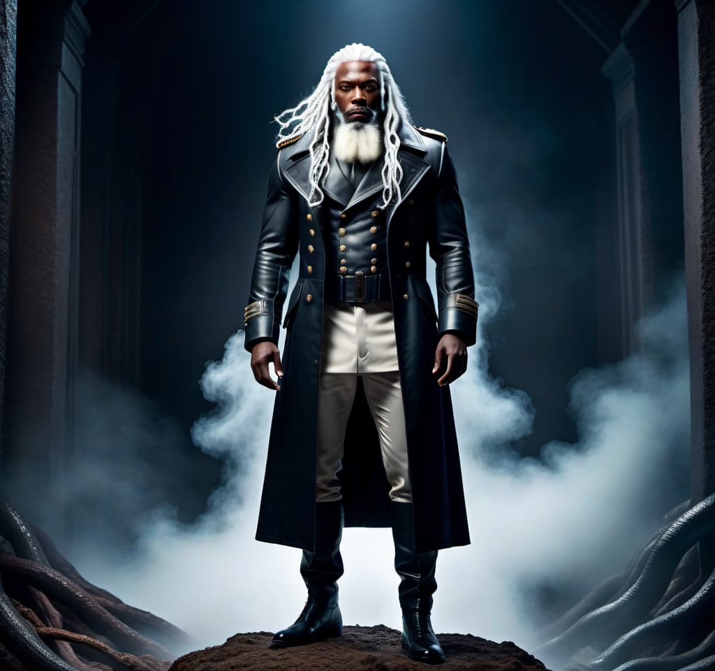  lovecraftian horror A black man, a soldier, in a coat, beard, long white hair, stands upright, muscular build, height 2 meters, . eldritch, cosmic horror, unknown, mysterious, surreal, highly detailed hyperrealistic, full body, detailed clothing, highly detailed, cinematic lighting, stunningly beautiful, intricate, sharp focus, f/1. 8, 85mm, (centered image composition), (professionally color graded), ((bright soft diffused light)), volumetric fog, trending on instagram, trending on tumblr, HDR 4K, 8K