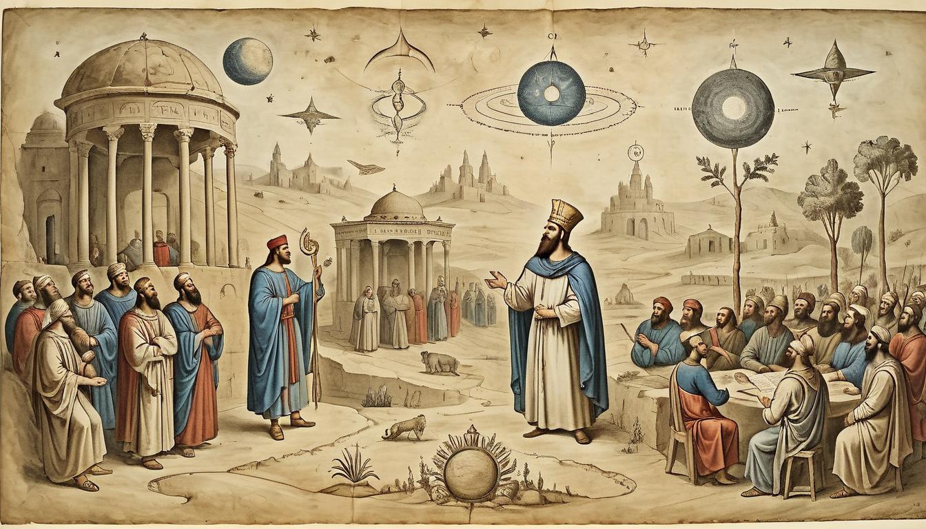  on parchment, surrealism+++, Joseph interpreting a dream, surrounded by men in ancient attire, celestial symbols above, focused expression, prophetic, insightful(mysterious, provocative, symbolic,muted color)+++