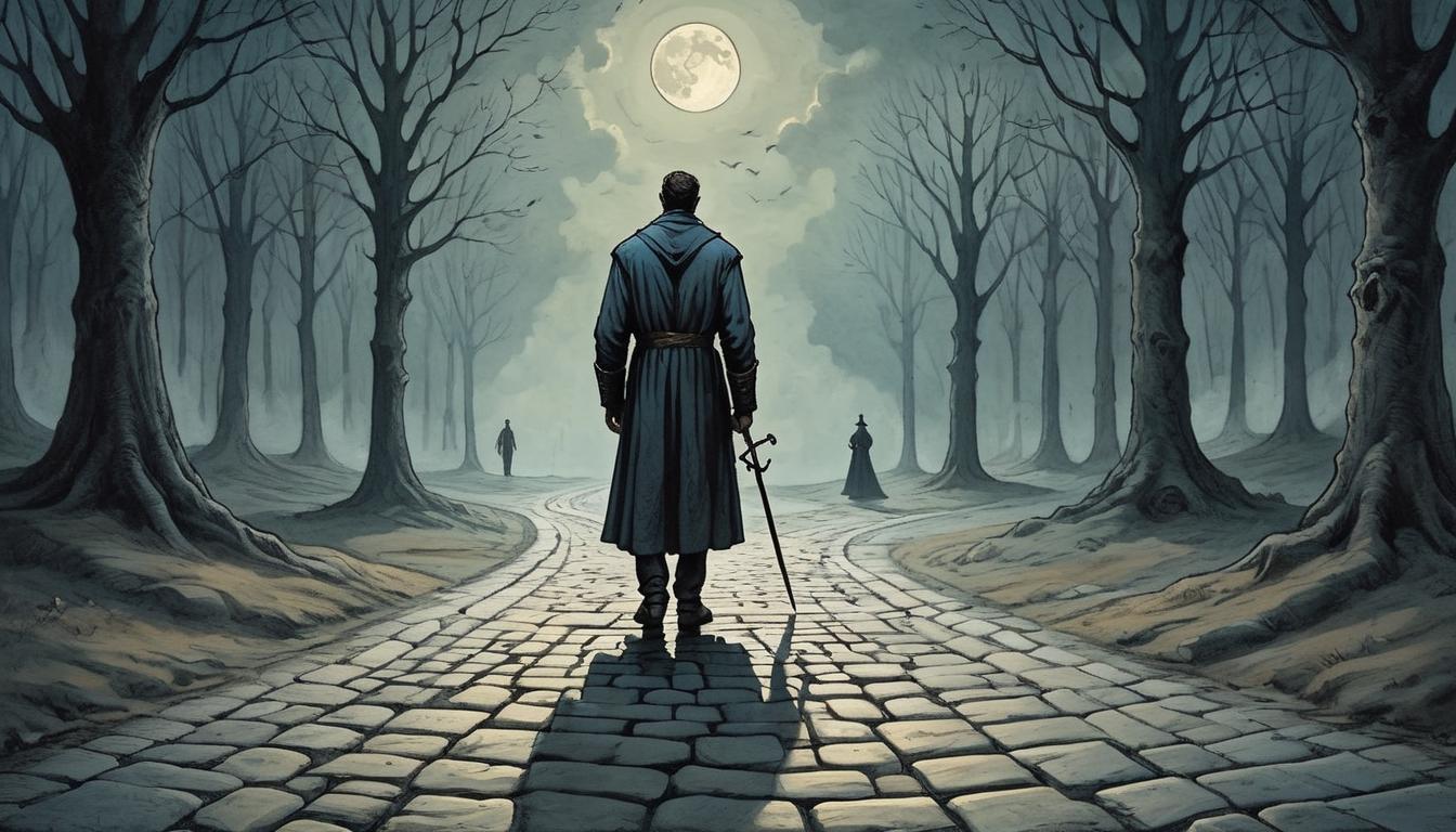  on parchment, surrealism+++, Shadowy figure standing at a crossroads, moonlight casting long shadows, multiple paths. Worn cobblestones underfoot, atmosphere of contemplation, pivotal moment, decision making(mysterious, provocative, symbolic,muted color)+++