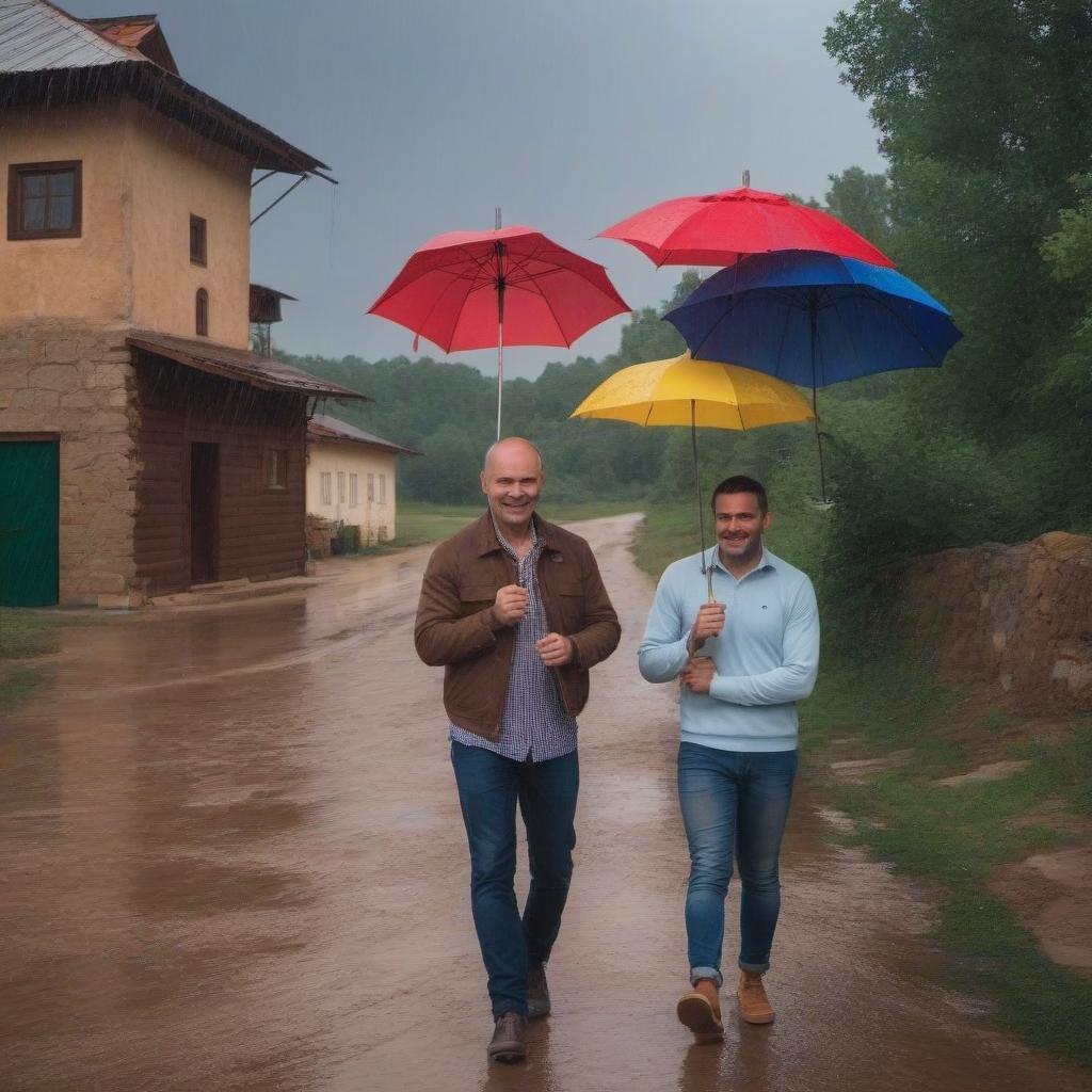  It rains in the Russian village.Two people stand with umbrellas.The lightning sparkles