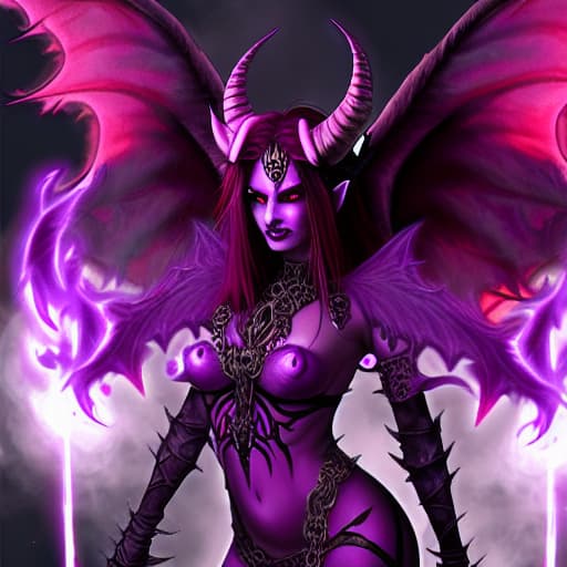  Purple Demon queen with red eyes, horns and fairy wings in flames