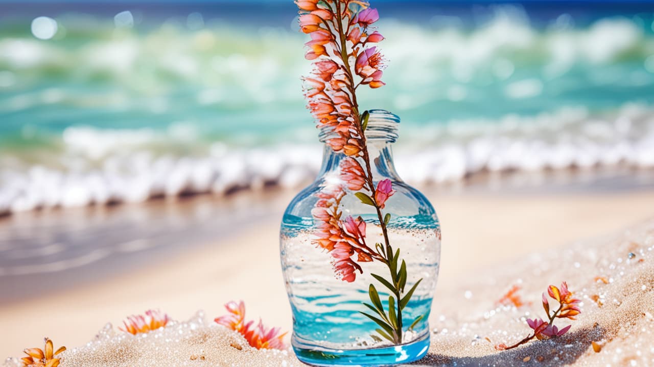  best quality, HD, Beach summer panoramic background with Acacia flower on the cristal sand and glory water