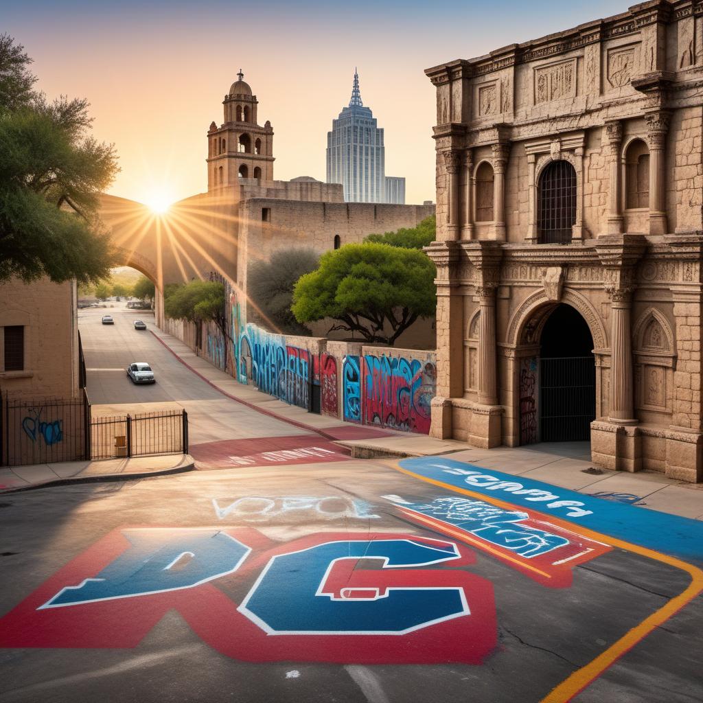  An artistic representation featuring the Alamo Stadium as the background, the San Antonio skyline, and the street name 'Marbach' written in graffiti letters placed through the middle of the scenery. hyperrealistic, full body, detailed clothing, highly detailed, cinematic lighting, stunningly beautiful, intricate, sharp focus, f/1. 8, 85mm, (centered image composition), (professionally color graded), ((bright soft diffused light)), volumetric fog, trending on instagram, trending on tumblr, HDR 4K, 8K