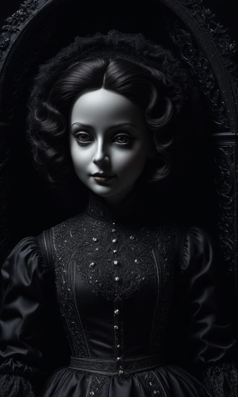  (masterpiece, 10K high resolution, highly detailed:1.3), dark and twisted mechanical doll with a haunting smile, white ink on black paper creating stark contrast, intricate stippling technique adding depth, illuminated by creative lighting reminiscent of Caravaggio, Edward Hopper, and Francis Bacon, styled in a fusion of Baroque and Expressionism, trending on social media for its eerie allure hyperrealistic, full body, detailed clothing, highly detailed, cinematic lighting, stunningly beautiful, intricate, sharp focus, f/1. 8, 85mm, (centered image composition), (professionally color graded), ((bright soft diffused light)), volumetric fog, trending on instagram, trending on tumblr, HDR 4K, 8K