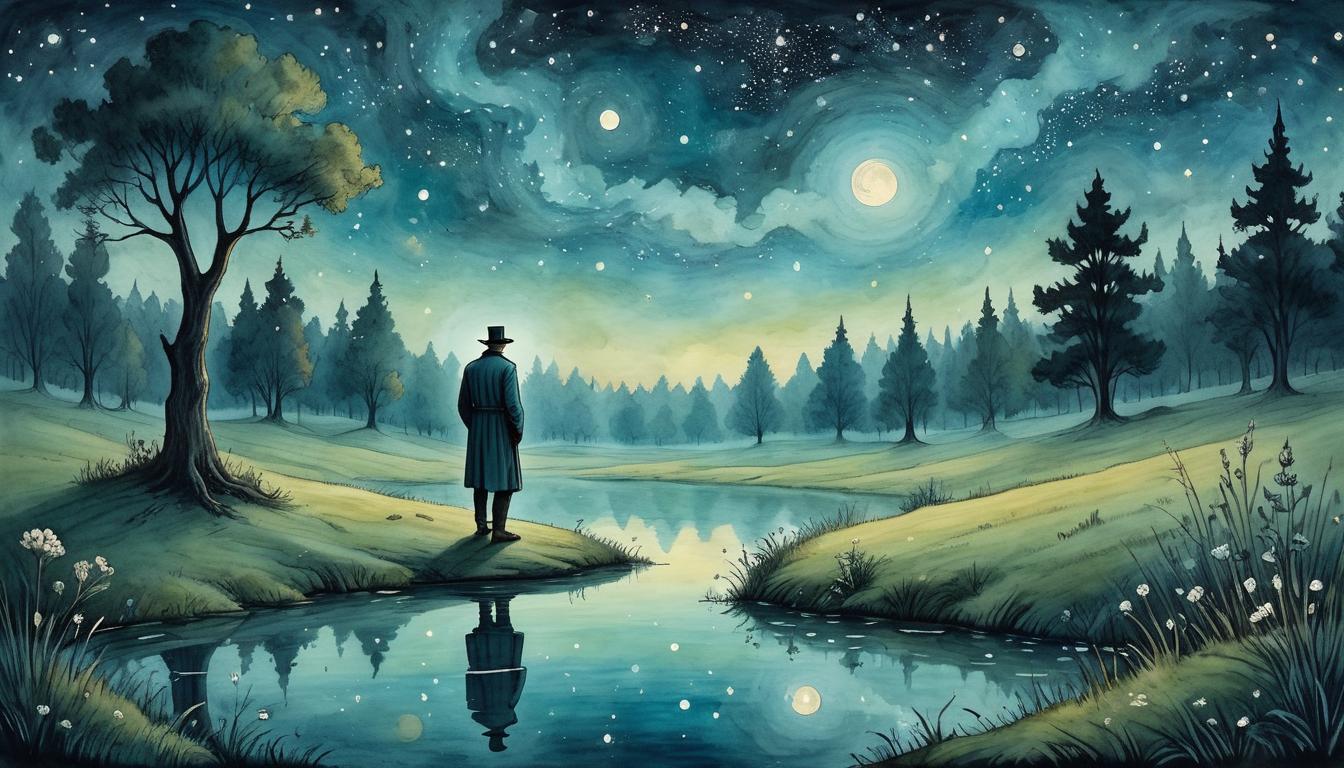  on parchment, surrealism+++, A person in a tranquil meadow under a night sky filled with stars, looking contemplatively at their reflection in a serene pond, the reflection slightly distorted, authentic, introspective(mysterious, provocative, symbolic,muted color)+++