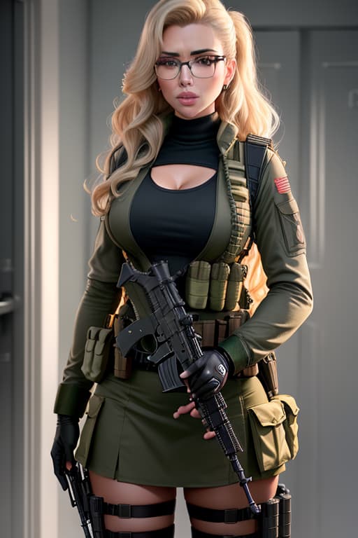  Scarlett Johansson, best quality, uniform, microphone, assault rifle, thigh holster, military uniform, weapon, skirt, glasses, gloves, animal, pug, krag jorgensen, m1911, dog, first aid kit, pantyhose, snake, long sleeves, fn fal, green skirt, military, m60, rifle, bandages, long hair, blonde hair, wavy hair, cleavage, military operator, load bearing vest, handgun, watch, machine gun, solo, holster, headset, gun, green eyes, masterpiece, newest, absurdres, hyperrealistic, full body, detailed clothing, highly detailed, cinematic lighting, stunningly beautiful, intricate, sharp focus, f/1. 8, 85mm, (centered image composition), (professionally color graded), ((bright soft diffused light)), volumetric fog, trending on instagram, trending on tumblr, HDR 4K, 8K