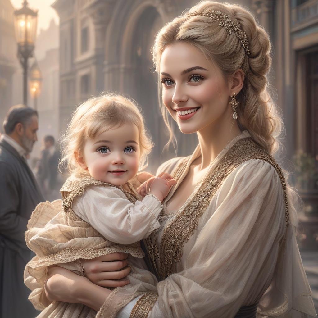  A portrait of a smiling young woman and a child, both with fair hair and dressed in vintage attire, exuding warmth and affection A pencil and charcoal drawing portrait of a beautiful girl, with big brown sparkling eyes, slight beautiful smile,fanciful vintage clothes, blond messy hairstyle, holding his little baby sister in her arms with intricate details and precisely drawn drawing hyperrealistic, full body, detailed clothing, highly detailed, cinematic lighting, stunningly beautiful, intricate, sharp focus, f/1. 8, 85mm, (centered image composition), (professionally color graded), ((bright soft diffused light)), volumetric fog, trending on instagram, trending on tumblr, HDR 4K, 8K