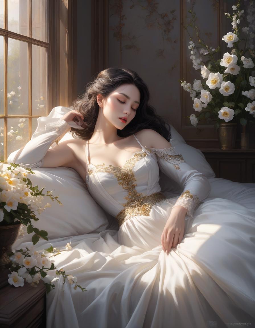  gothic style A woman is peacefully asleep amid white sheets and blooming flowers, with soft light streaming through a window. a woman laying on top of a bed next to a window, a photorealistic painting, inspired by Magali Villeneuve, trending on Artstation, fantasy art, girl in a bed of flowers, soft pale golden skin, portrait of a woman sleeping, in the early morning, jingna zhang . dark, mysterious, haunting, dramatic, ornate, detailed hyperrealistic, full body, detailed clothing, highly detailed, cinematic lighting, stunningly beautiful, intricate, sharp focus, f/1. 8, 85mm, (centered image composition), (professionally color graded), ((bright soft diffused light)), volumetric fog, trending on instagram, trending on tumblr, HDR 4K, 8K