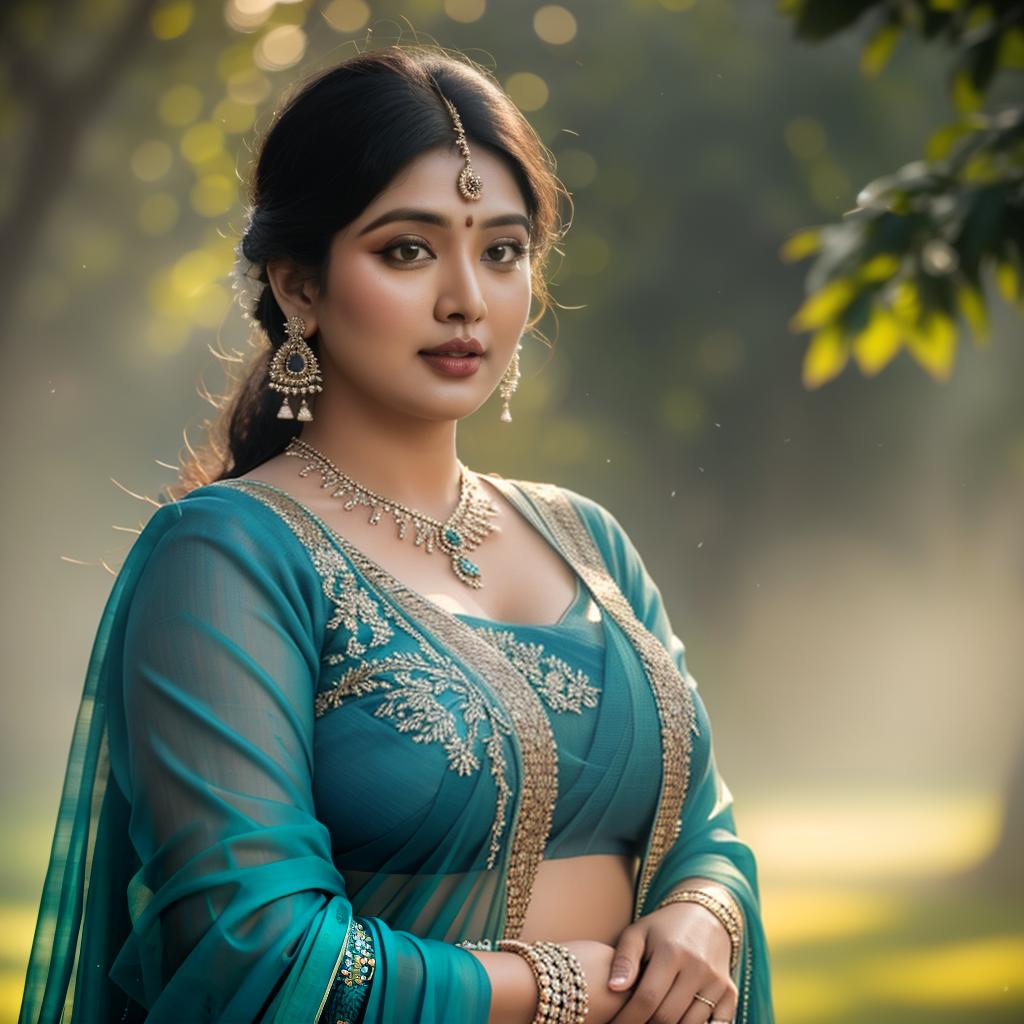  a Chubby indian women in blue saree, at greenery park, clean face details, portrait, hyperrealistic, full body, detailed clothing, highly detailed, cinematic lighting, stunningly beautiful, intricate, sharp focus, f/1. 8, 85mm, (centered image composition), (professionally color graded), ((bright soft diffused light)), volumetric fog, trending on instagram, trending on tumblr, HDR 4K, 8K