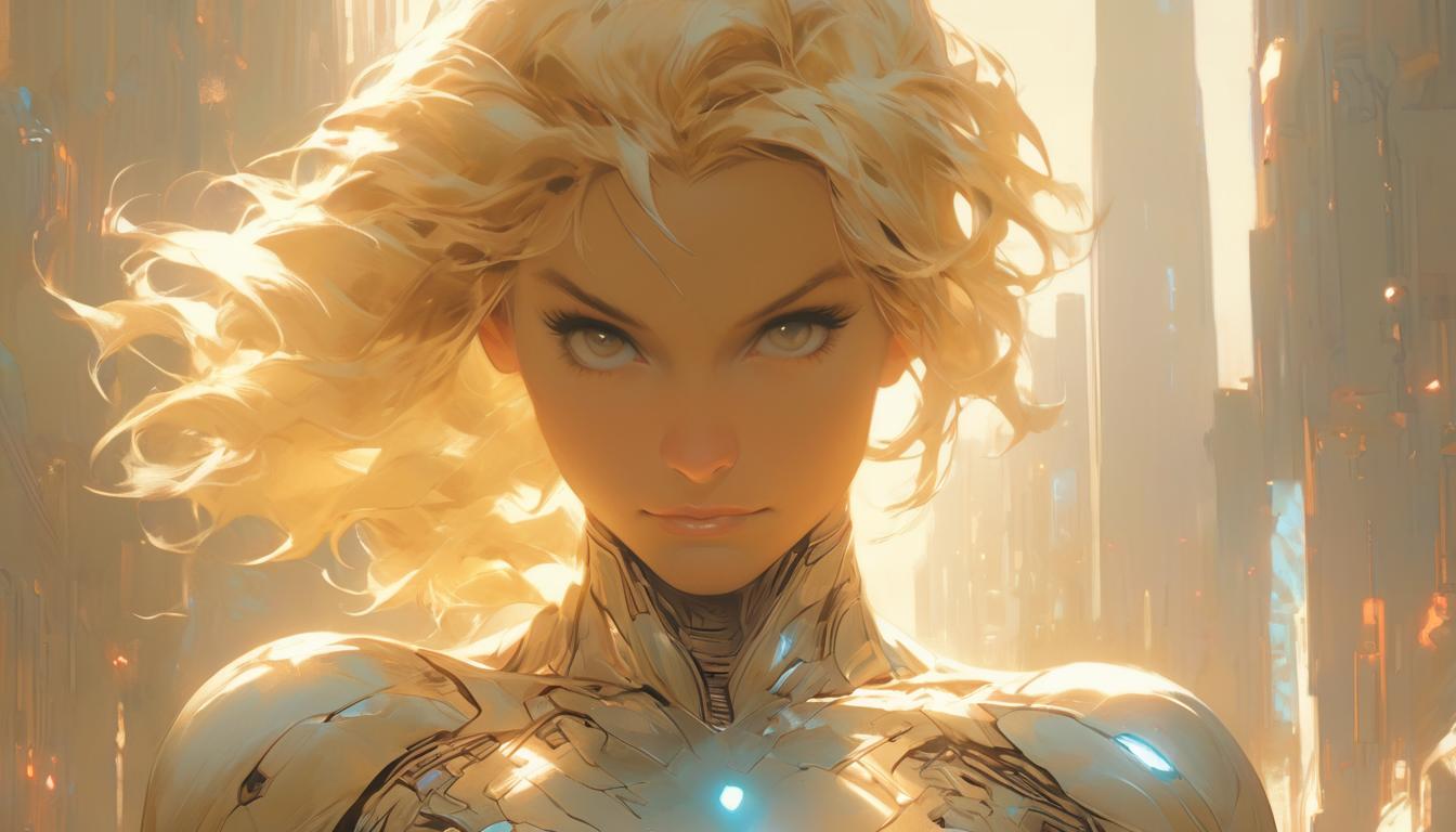  hyperrealism,fantasy aesthetic1woman, large busted attractive blonde arian female humanoid, slowly returning awareness, serene face, transitioning back to physical body, gentle, high tech clothing clad in sleek, futuristic costume with metallic accents and form fitting designs, marvel superhero comics style, unreal engine rendering