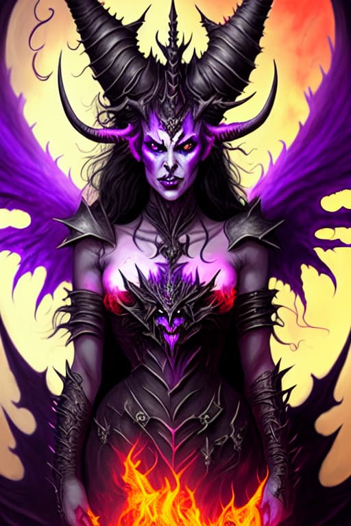  Purple demon queen with red eyes, horns and fairy wings in flames